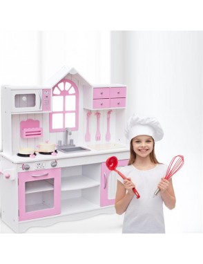[US-W]Kids Wood Kitchen Toy Cooking Pretend Play Set Toddler Wooden Playset with Kitchenware Pink