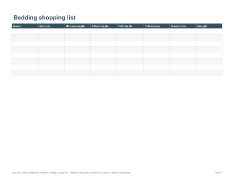 Preview of the first page of Bedding shopping list (XLSX)